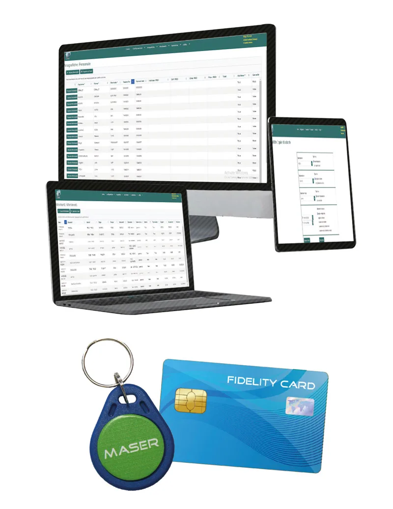 Maser CardSmart Fleet 4.0 software on desktop, laptop and tablet with RFID tag and card