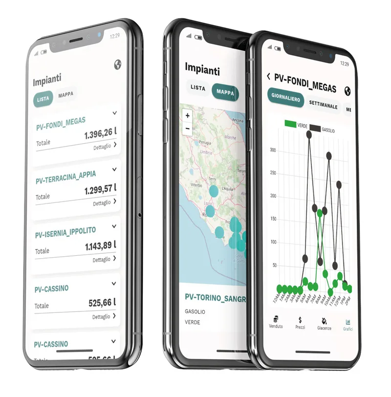 Maser DataSmart App showing station sales and tank levels on smartphones