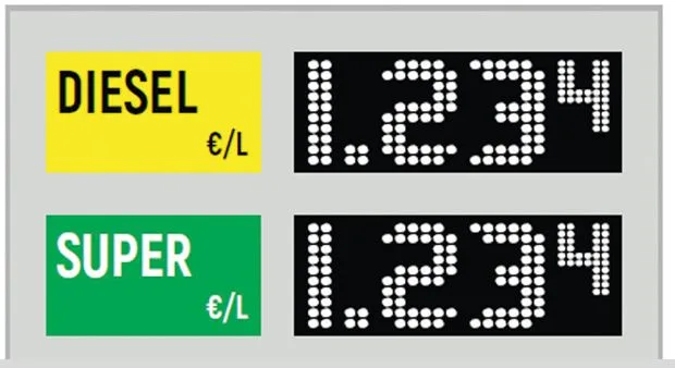 Maser LED fuel price display showing diesel and super petrol prices