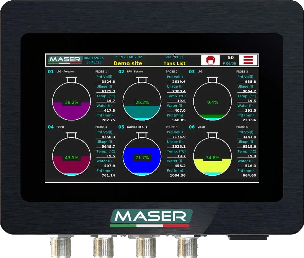 Maser R_SMART TOP tank gauge console with 7 inch touch screen showing tank levels