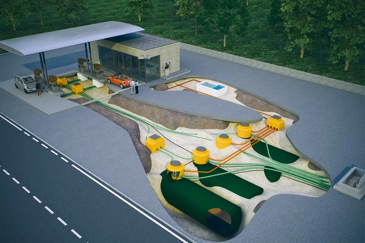 Wolftank illustration of a service station with underground fuel tanks, sumps and pipework